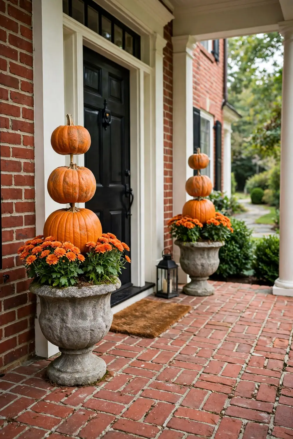 Matching pumpkin topiaries in stone urns with mums flanking a black front door