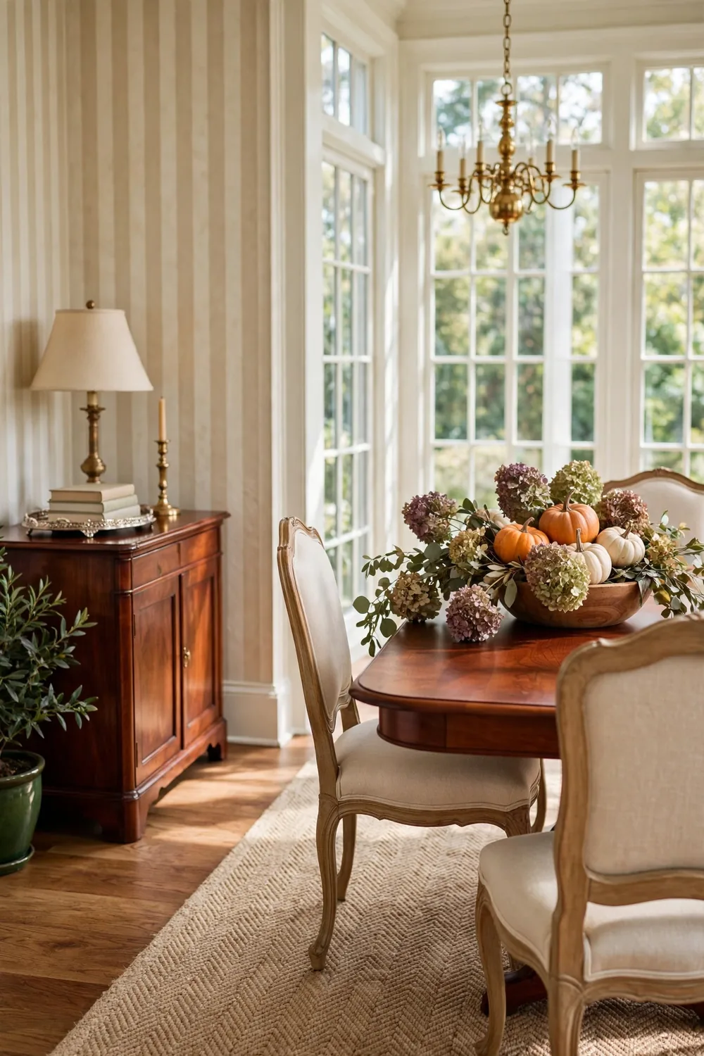 Small pumpkins tucked with dried hydrangea stems in mauve and sage in a low bowl on a classic cherry dining table