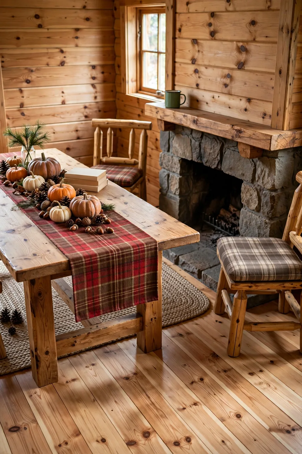 Pumpkins of mixed sizes with pinecones and acorns arranged on a red and brown plaid runner in a cabin dining room