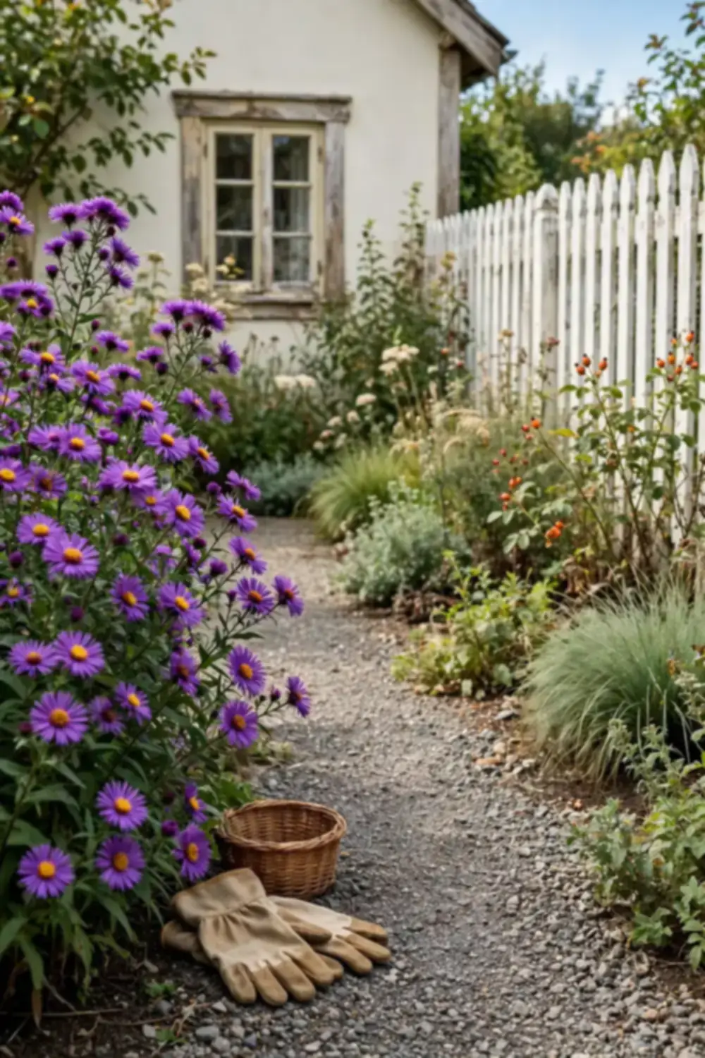Purple asters blooming along a cottage garden path in autumn