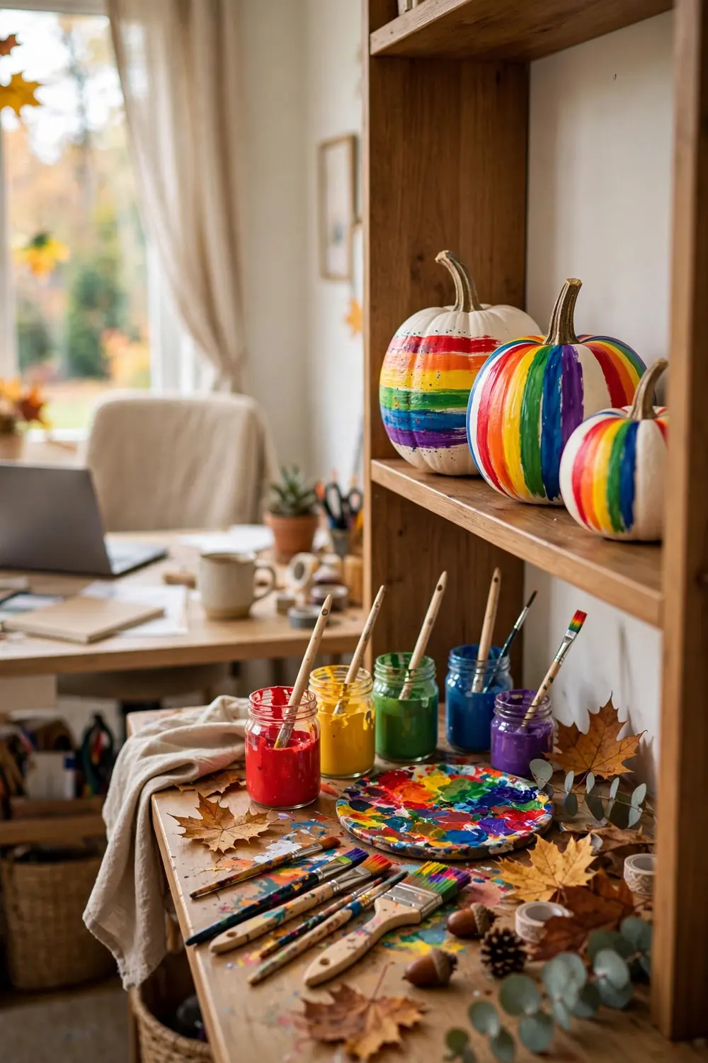 Rainbow stripes painted on white pumpkins on a home office shelf