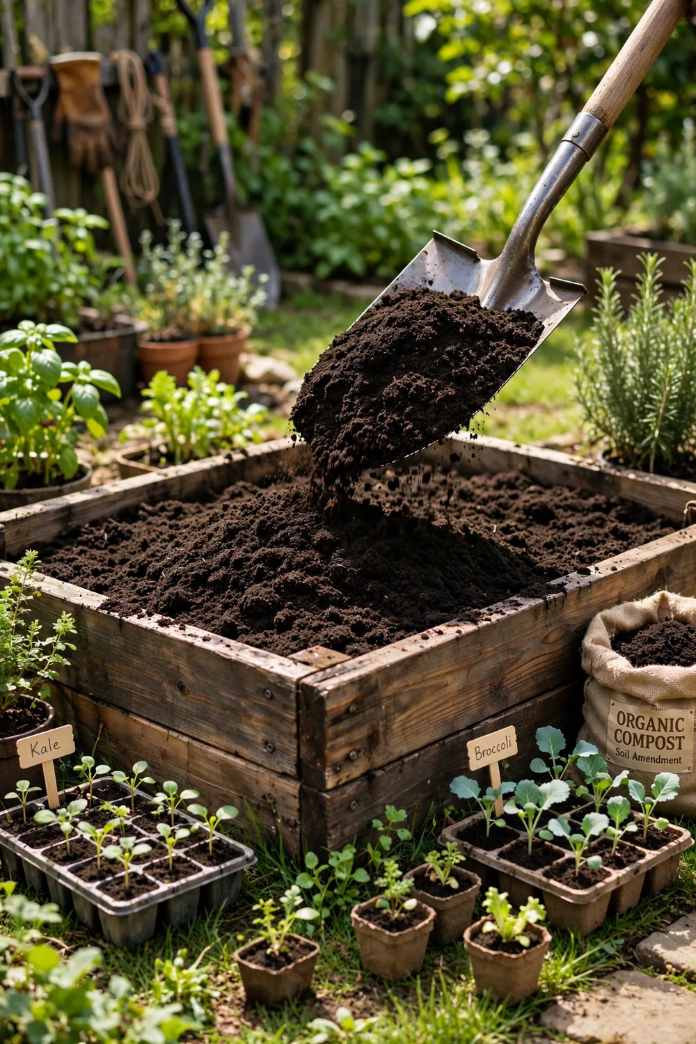 Wooden raised garden bed filled with a soil and compost mix