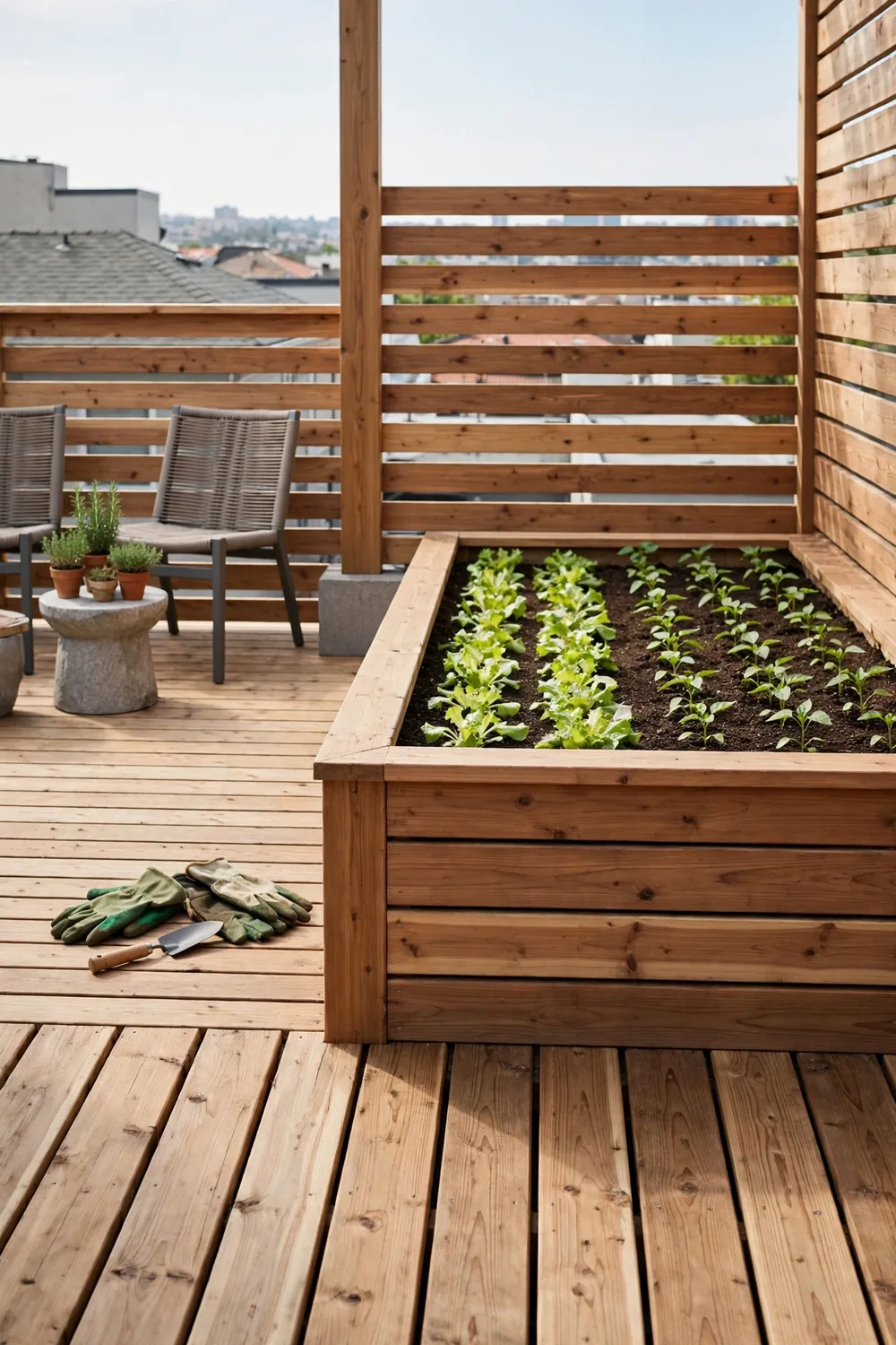 Cedar raised planter box on a modern deck filled with rows of young salad greens and pepper seedlings in dark potting mix