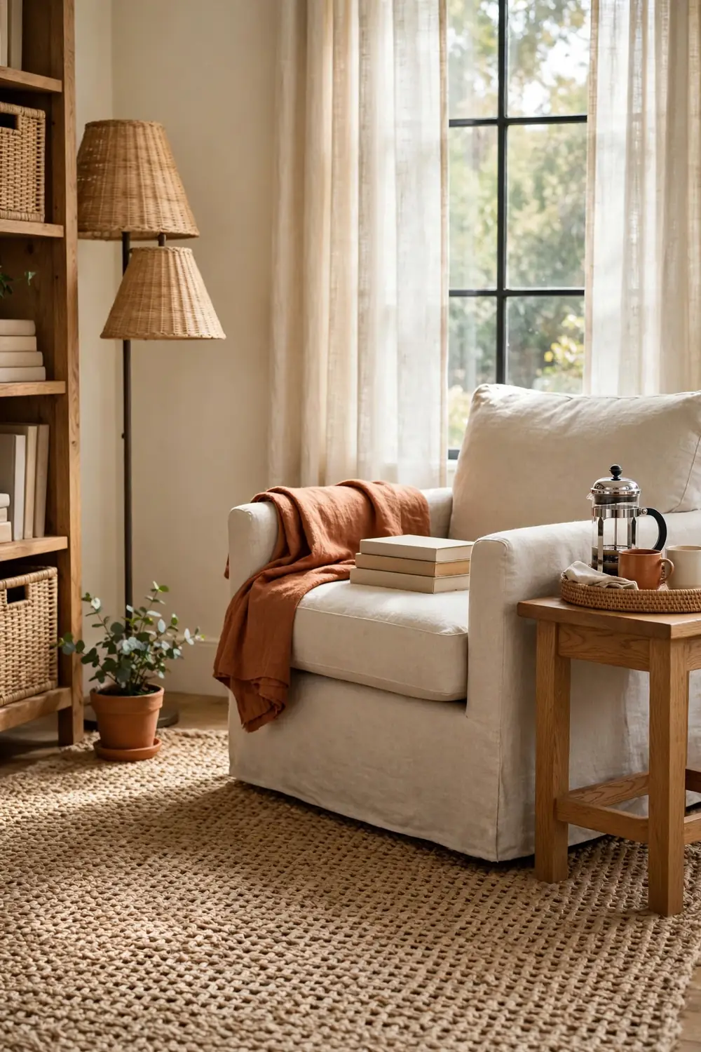 Reading corner coffee pairing in a cozy living room with a linen armchair, oak side table holding a coffee tray, throw blanket, books, and terracotta accents.