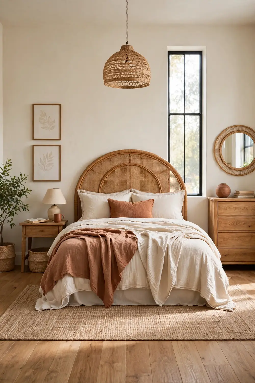 Bright boho bedroom with rattan headboard, layered earth-tone bedding, woven pendant light, and leafy plants in daylight