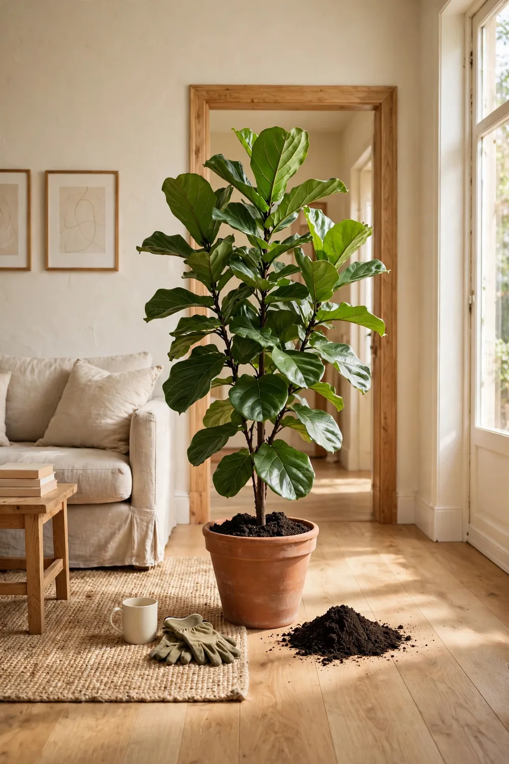 Fiddle leaf fig tree being repotted into a slightly larger terracotta pot with fresh potting mix in a bright living room
