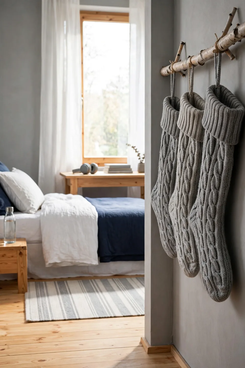 Christmas stockings cut from a cable-knit sweater hanging on a wall branch in a teen bedroom with gray walls