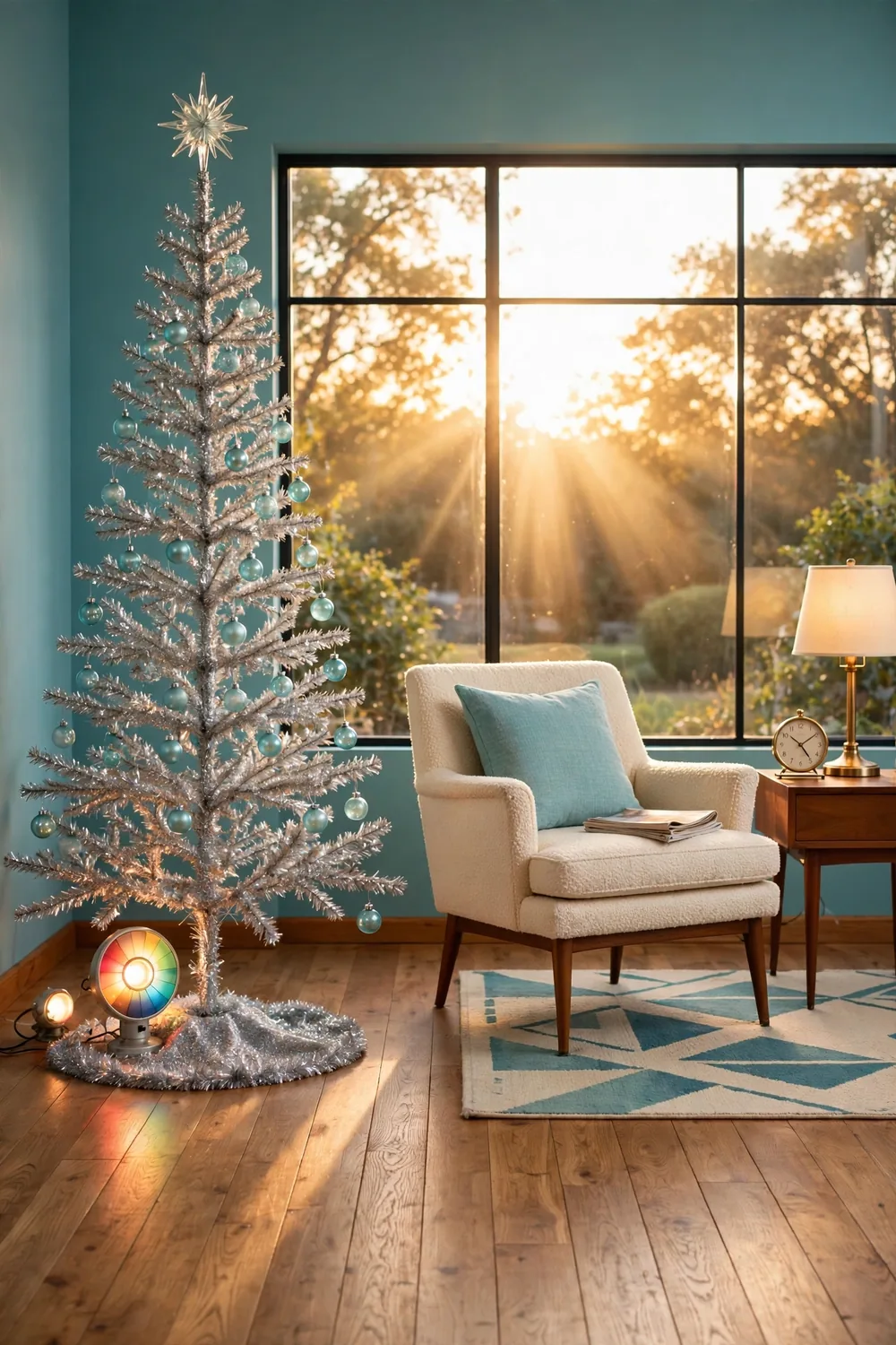A retro silver tinsel Christmas tree with simple glass balls in a mid-century living room at golden hour