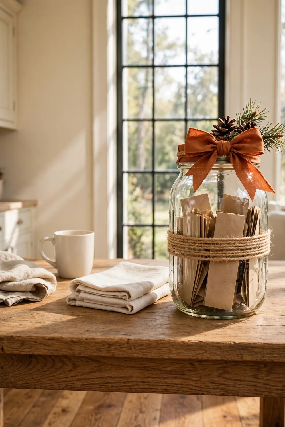 Mason jar lid decorated with a fall ribbon bow and a small pinecone sprig on a farmhouse craft table