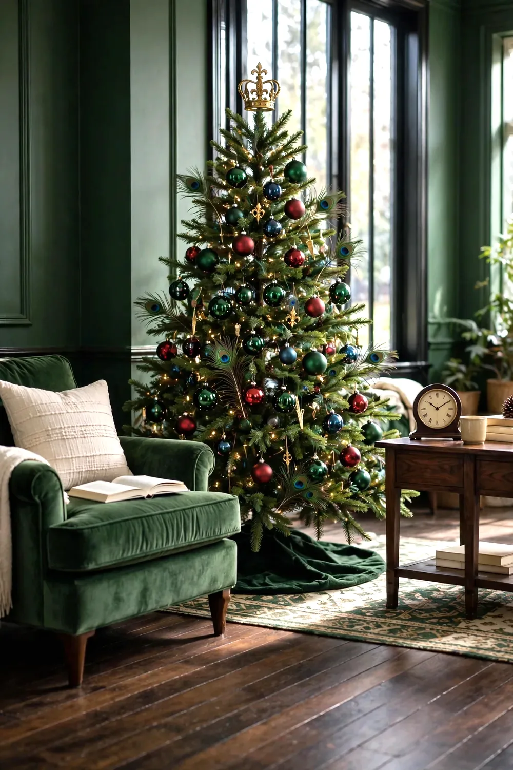 A Christmas tree with emerald and ruby glass balls, sapphire picks, and peacock feathers in a deep green living room