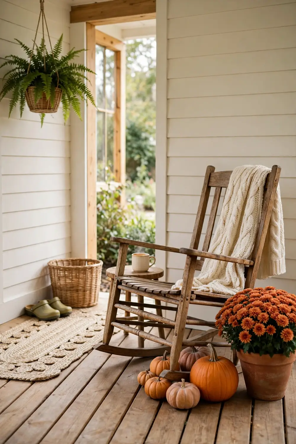 Rocking chair with knit throw and side table styled with pumpkins and a large mum pot in a porch corner