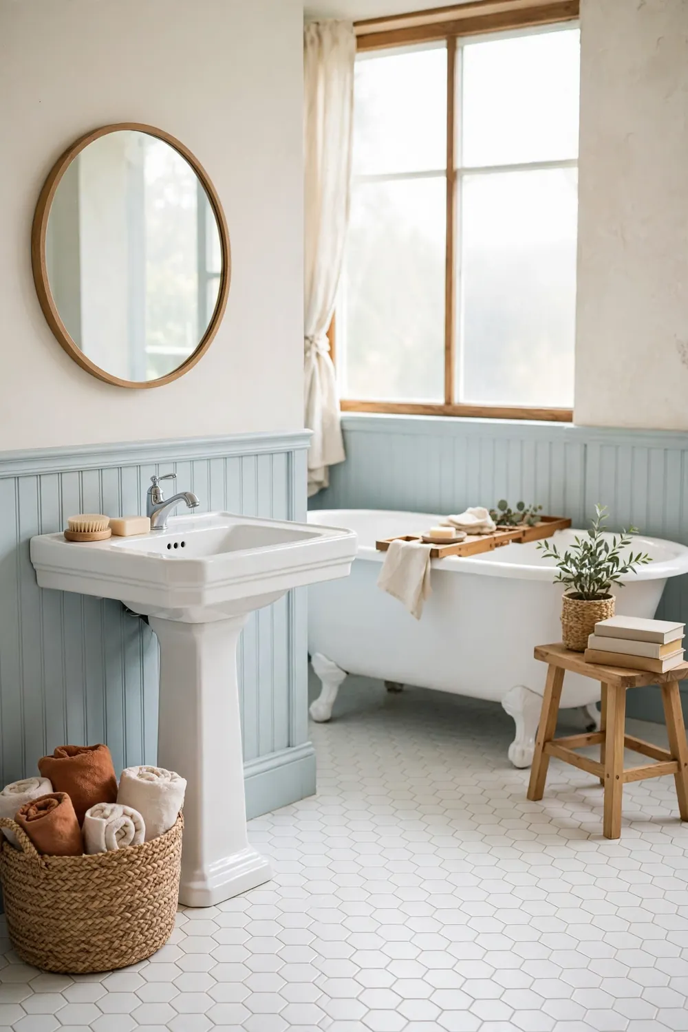 Cottage bathroom with rolled rust hand towels in a seagrass basket beside a white pedestal sink