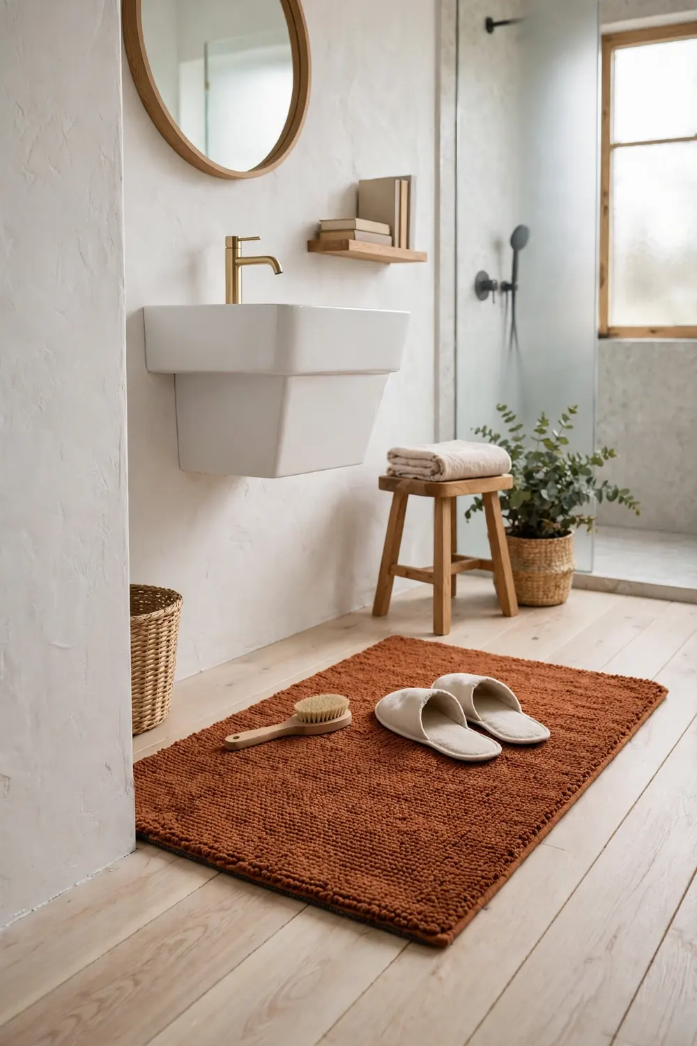 Scandinavian bathroom with a thick rust bath mat on a pale wood floor in front of the sink