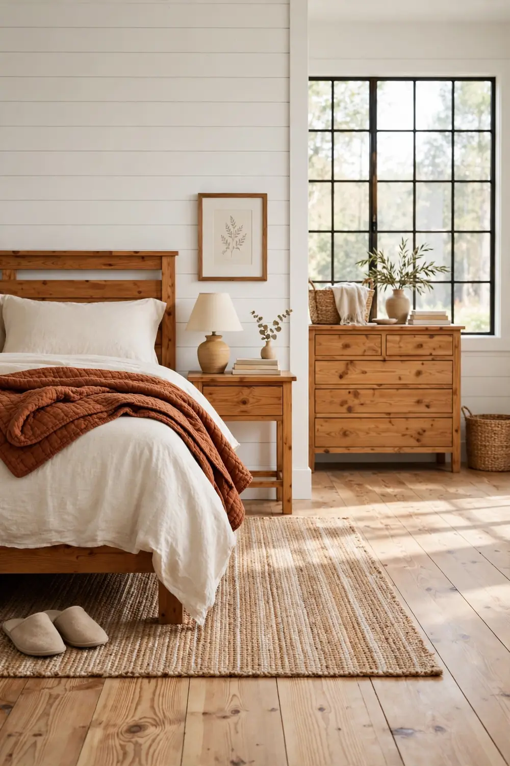 Rust quilt folded over cream sheets on a farmhouse bed with white shiplap walls