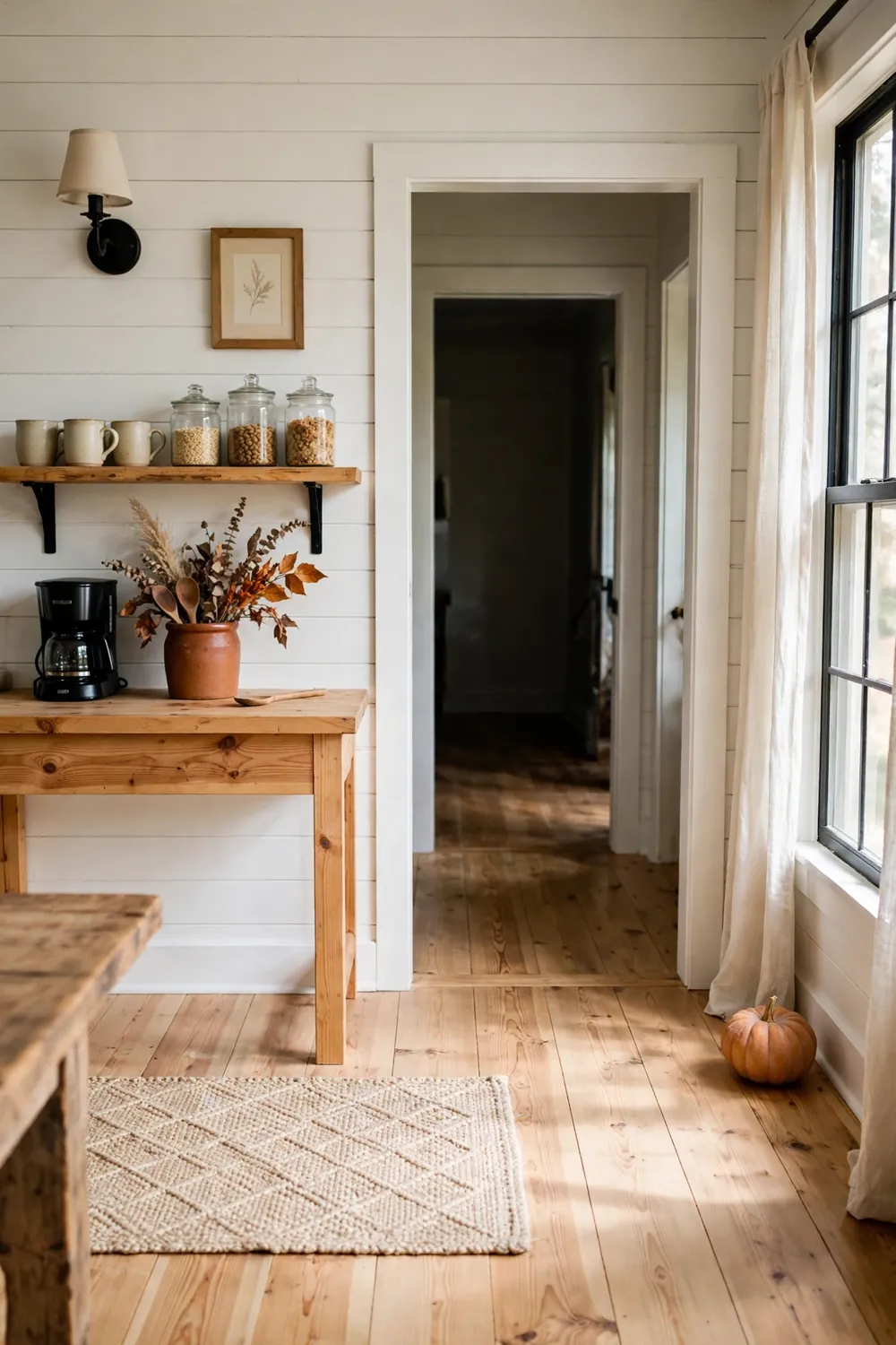 Rustic farmhouse coffee corner with a pine open shelf on white shiplap walls, stoneware mugs, a small coffee maker, and a crock of fall stems with rust accents.