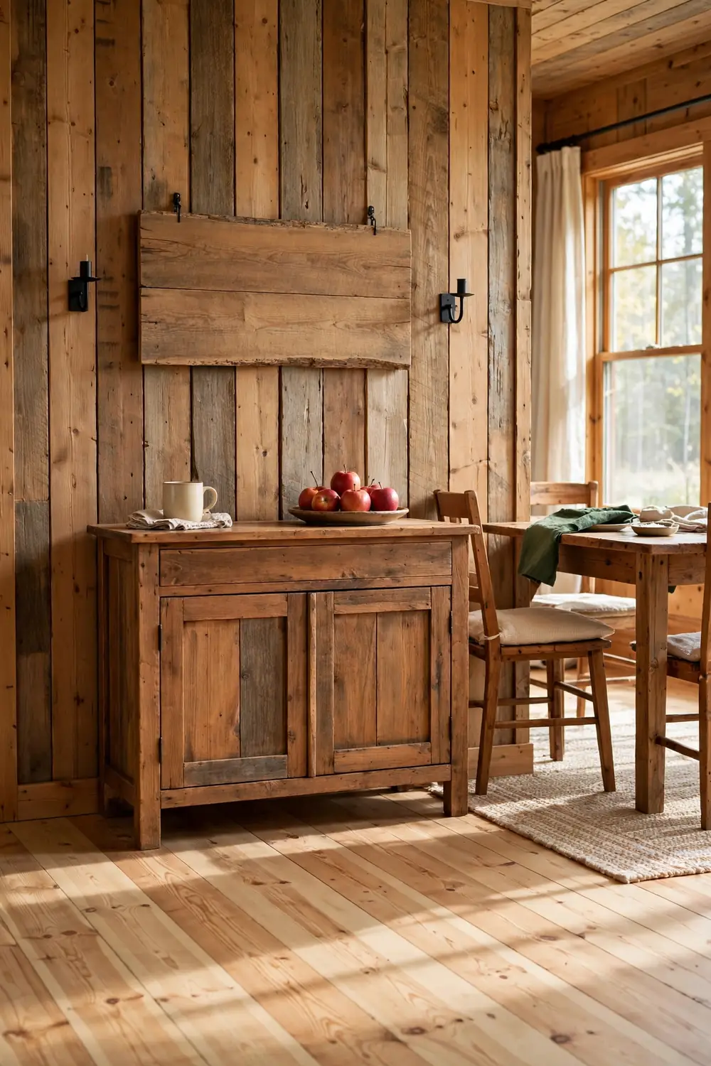 Rustic wooden gather sign hanging on a cabin dining room wall above a sideboard