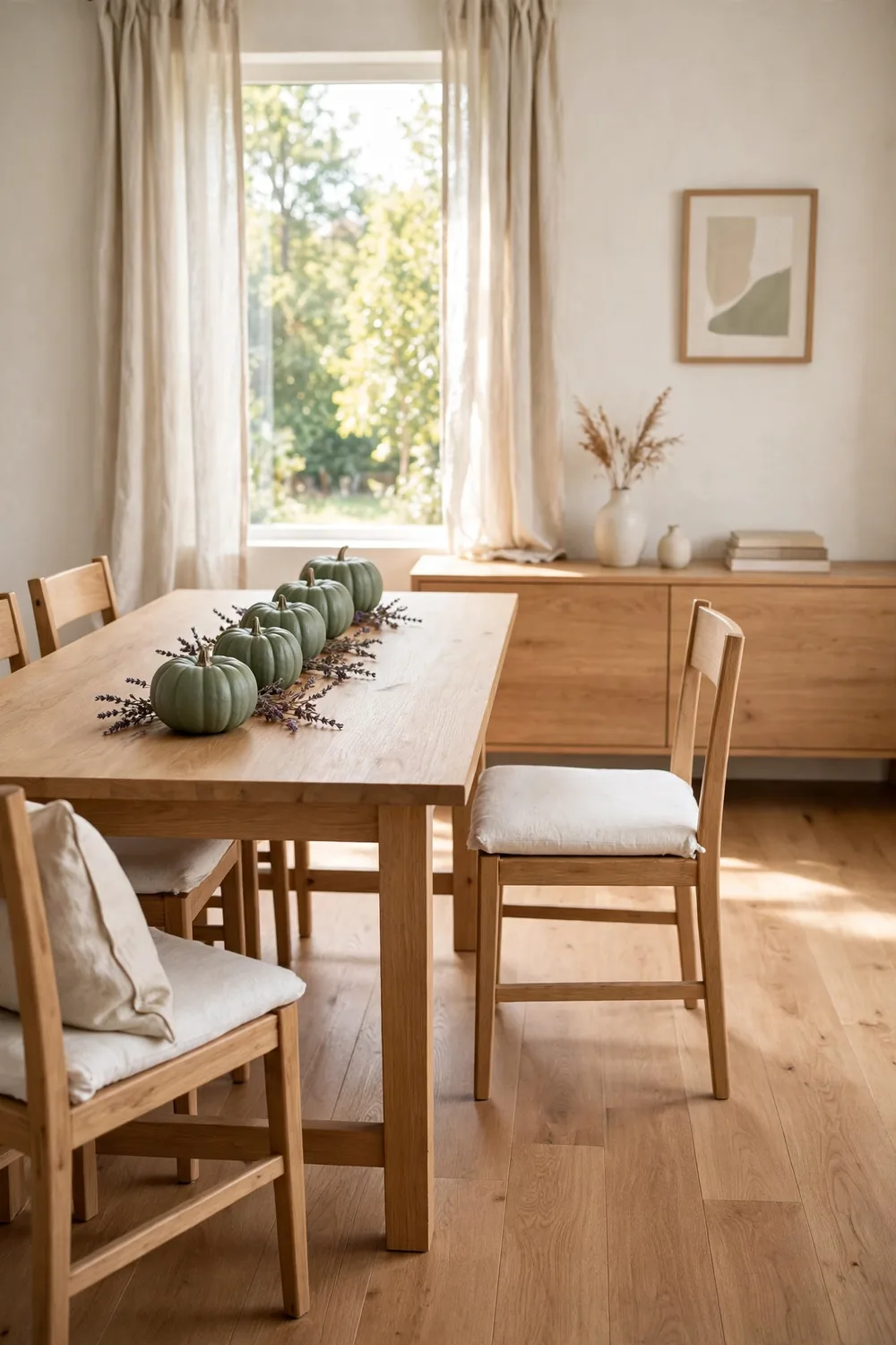 Small pumpkins painted matte sage green grouped with dried lavender on a light wood modern dining table