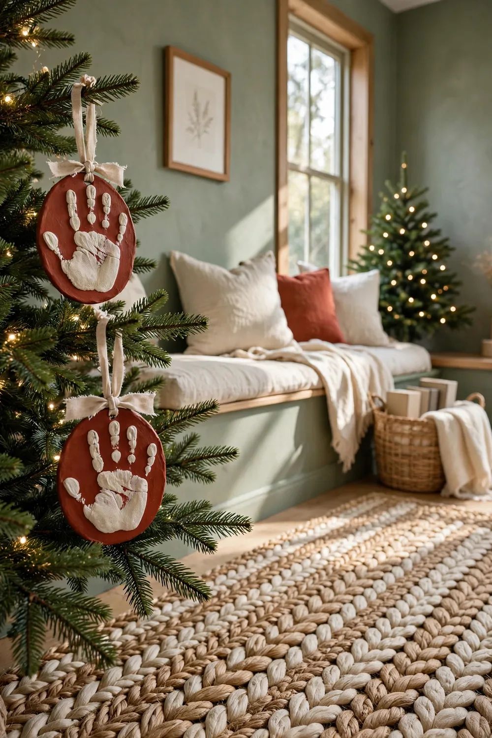 Salt dough handprint ornaments painted white and gold hanging on a small tabletop Christmas tree