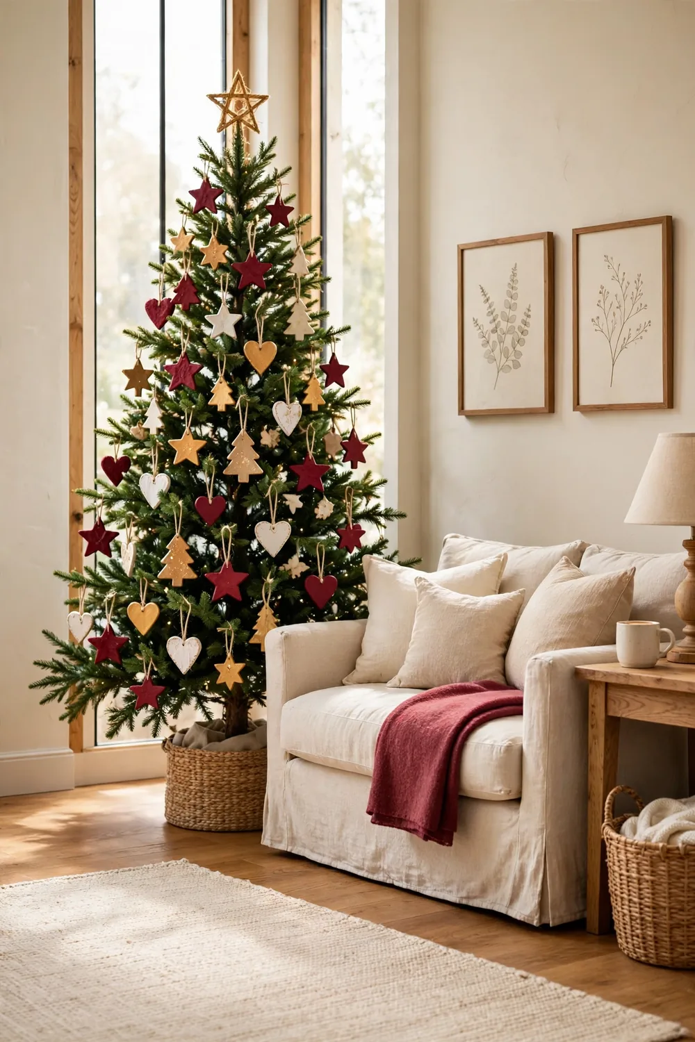 Handmade salt dough ornaments in star, tree, and heart shapes hanging on a Christmas tree in a cozy living room