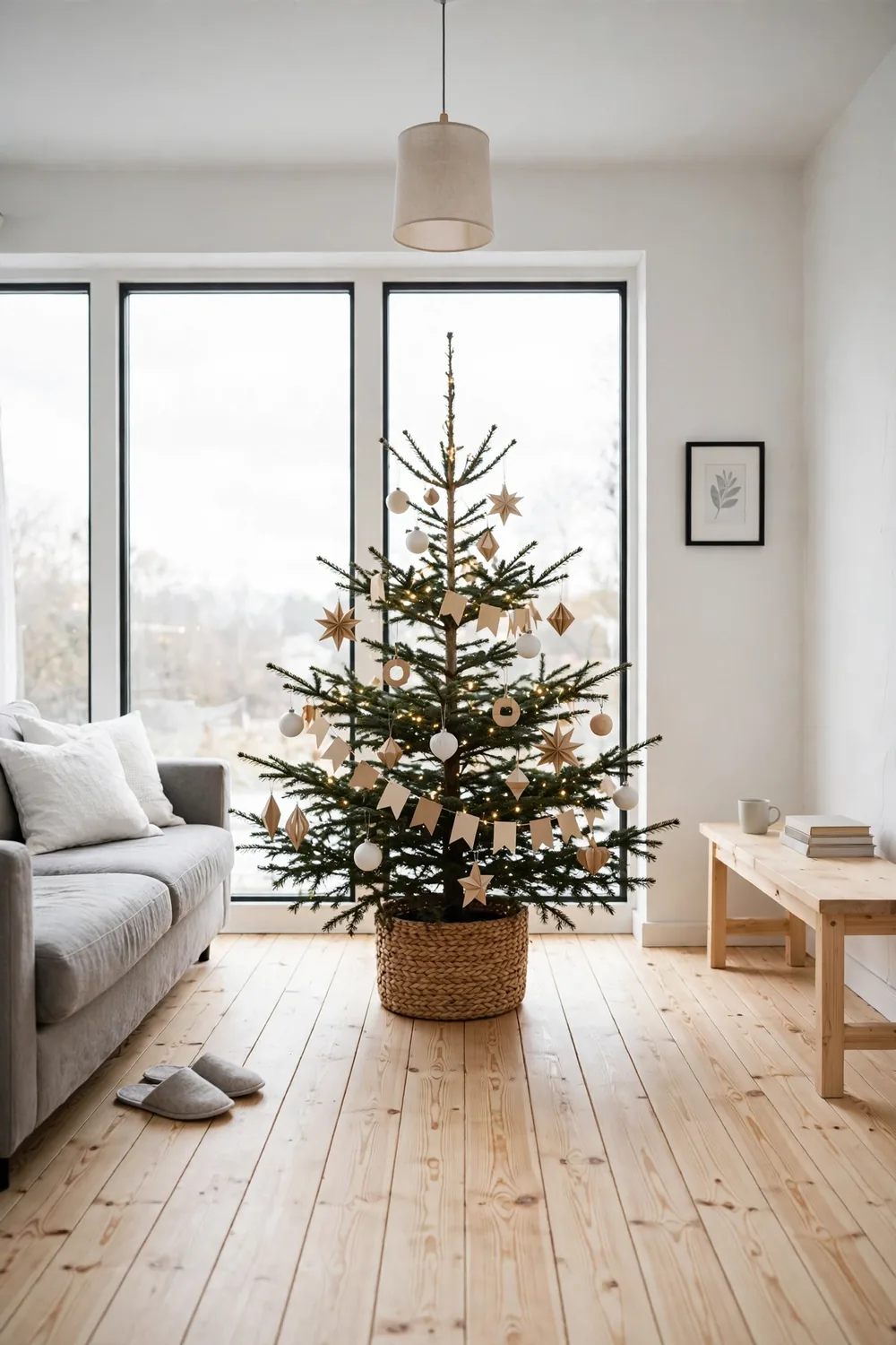 A sparse Scandinavian Christmas tree with simple wood ornaments and paper stars in a pale gray living room