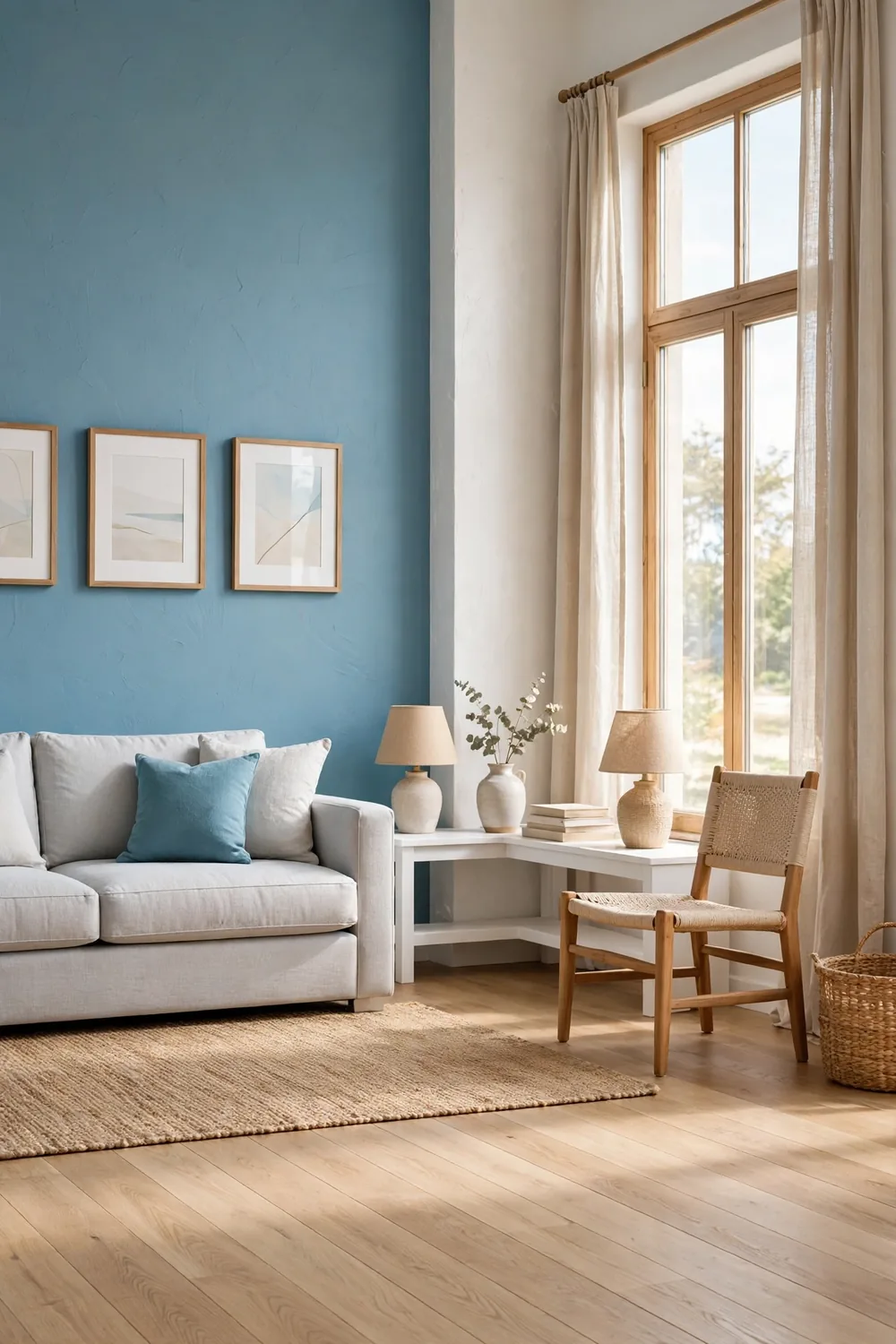 Coastal living room with a sea-glass blue accent wall behind a sofa, thin wood picture frames, and linen curtains