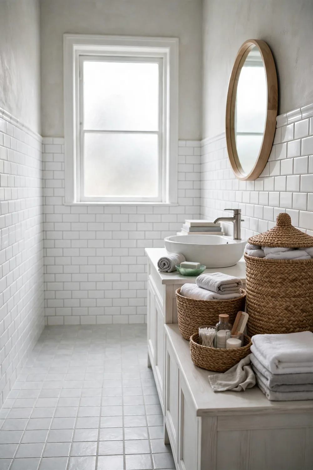 Coastal bathroom with woven seagrass baskets holding towels and toiletries beside a white vanity