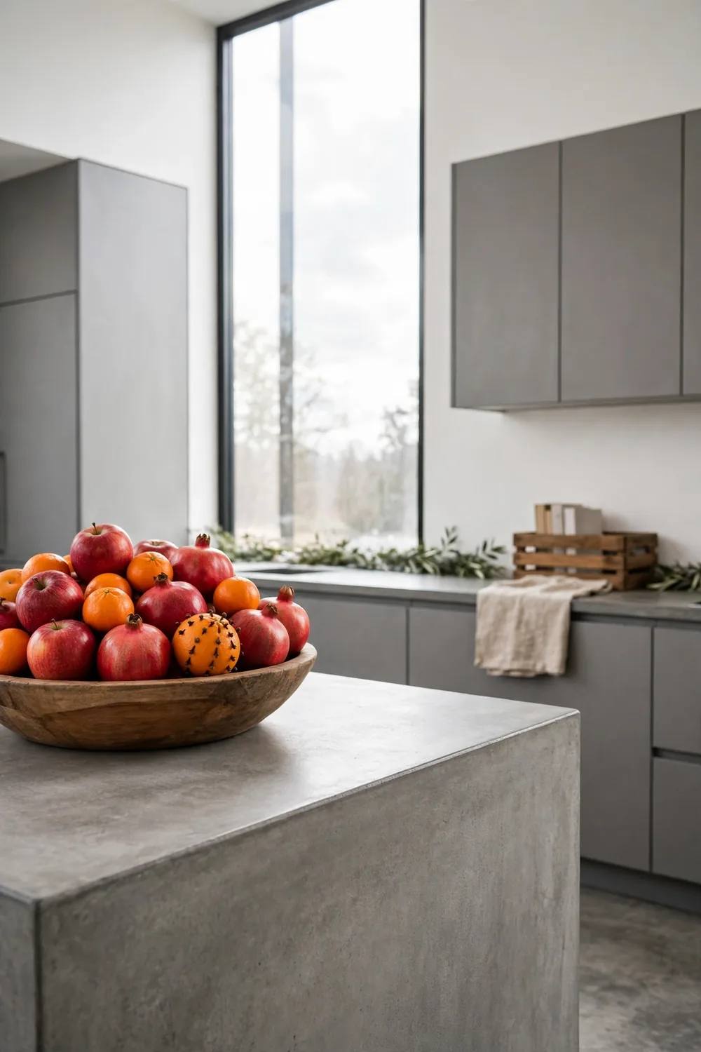Wooden bowl heaped with red apples, pomegranates, and clementines on a modern gray kitchen counter