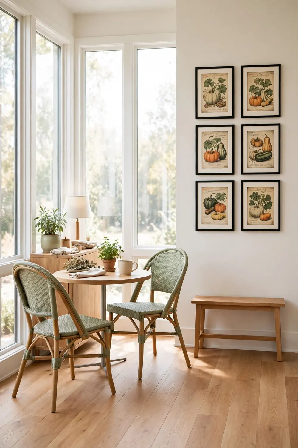 Grid of framed vintage seed packet prints hanging on a breakfast nook wall