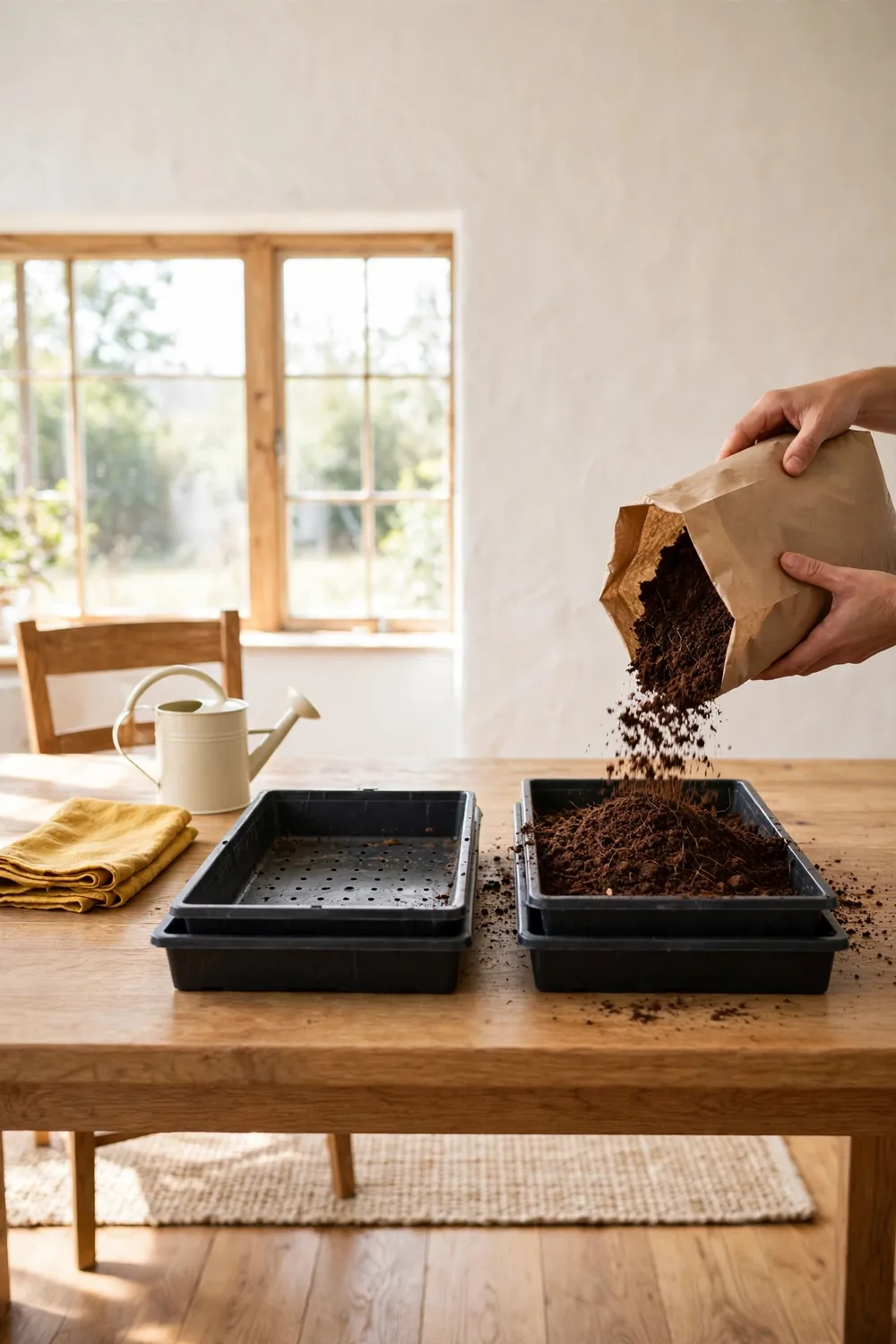 Hands filling a black nursery tray with coco coir over a solid bottom tray on the kitchen table