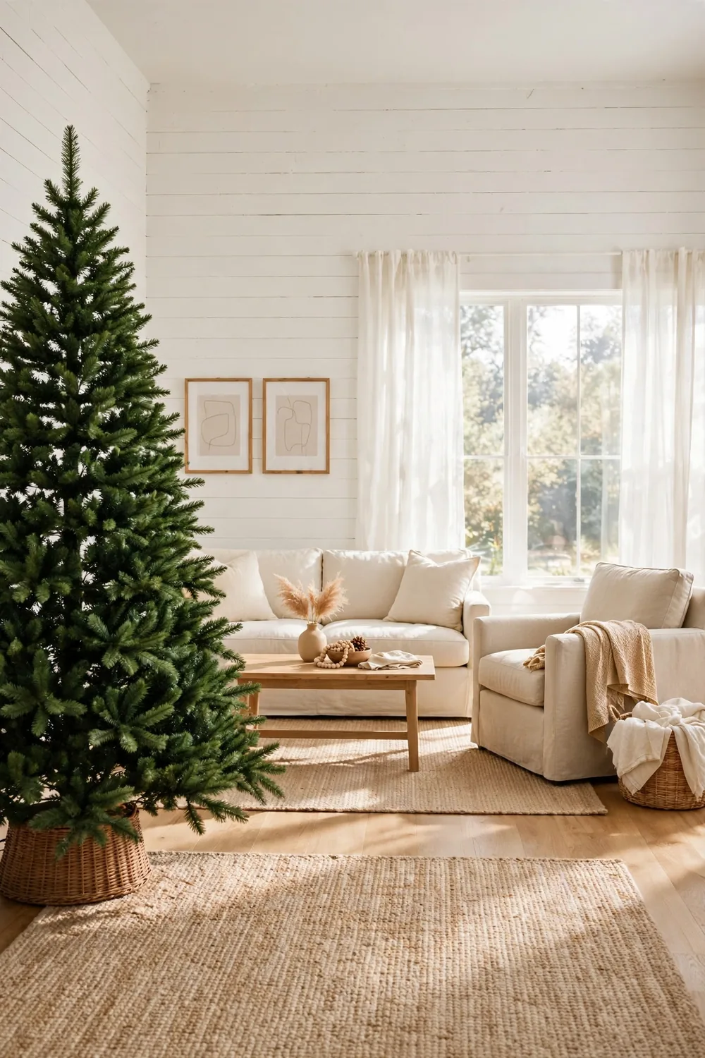 A fully fluffed artificial Christmas tree with a neat conical top seen from across a farmhouse living room