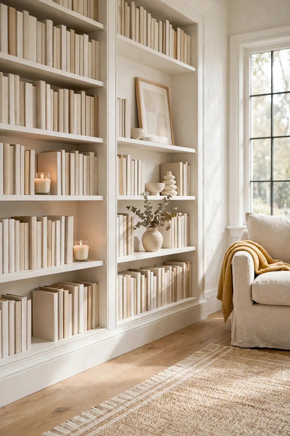 Short pillar candles in glass holders tucked between books on a white bookshelf