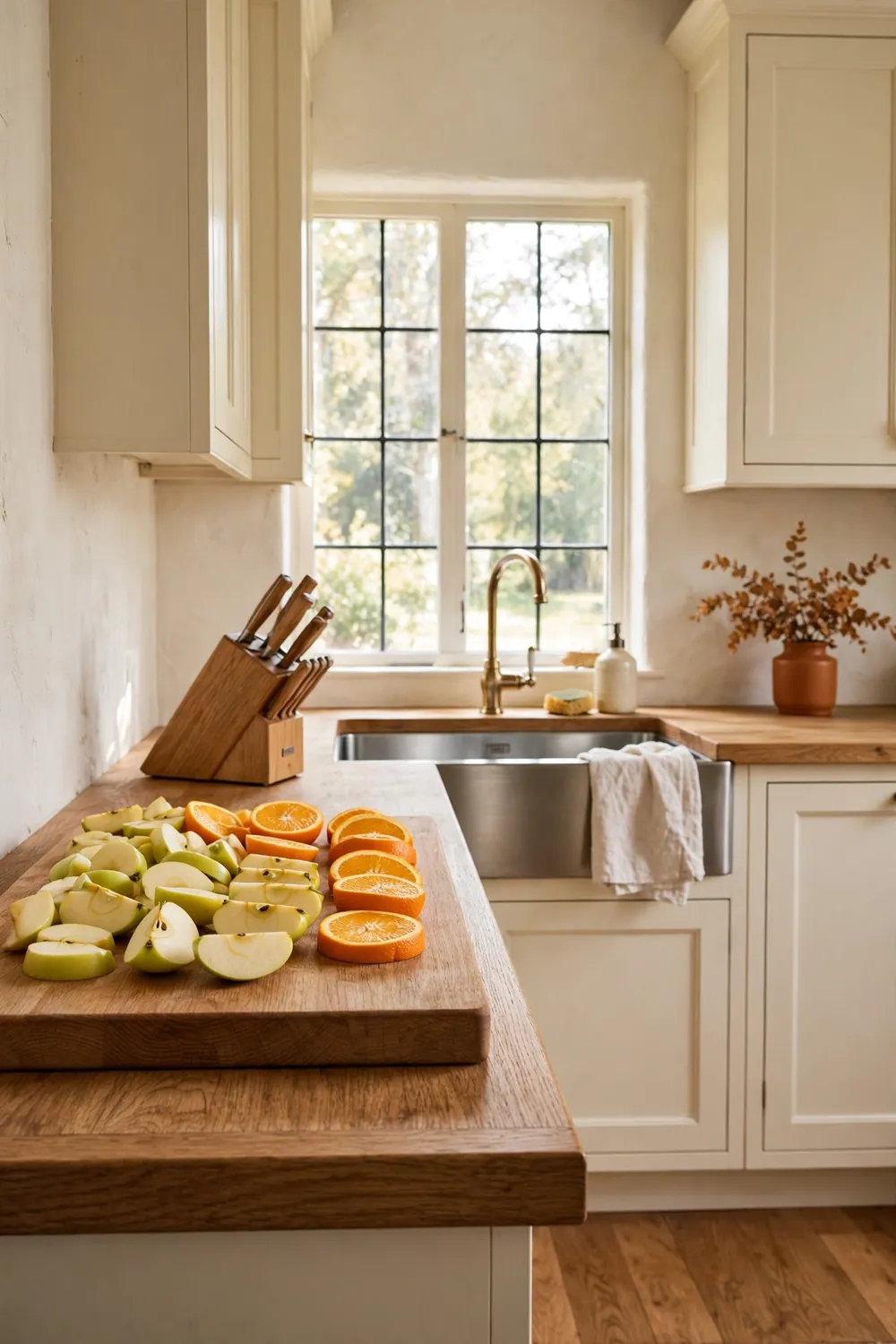 Sliced apples and orange rounds arranged on a wooden cutting board in a farmhouse kitchen