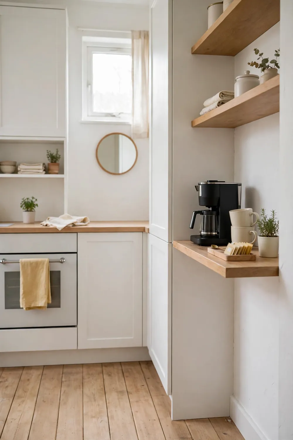 Small apartment coffee shelf in a white kitchenette with a floating shelf, compact coffee maker, two mugs, a tiny plant, and mustard accents.