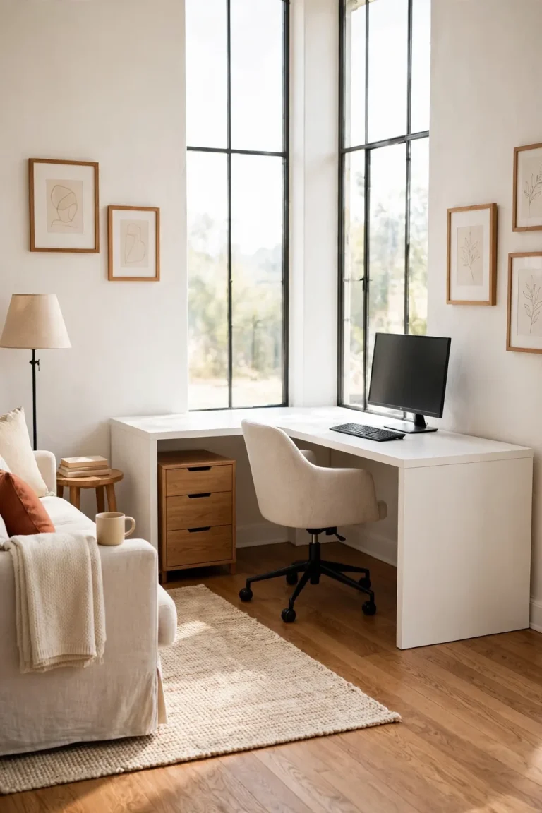 Bright living room corner with a white L-shaped desk, office chair, oak floor, and a large window with daylight