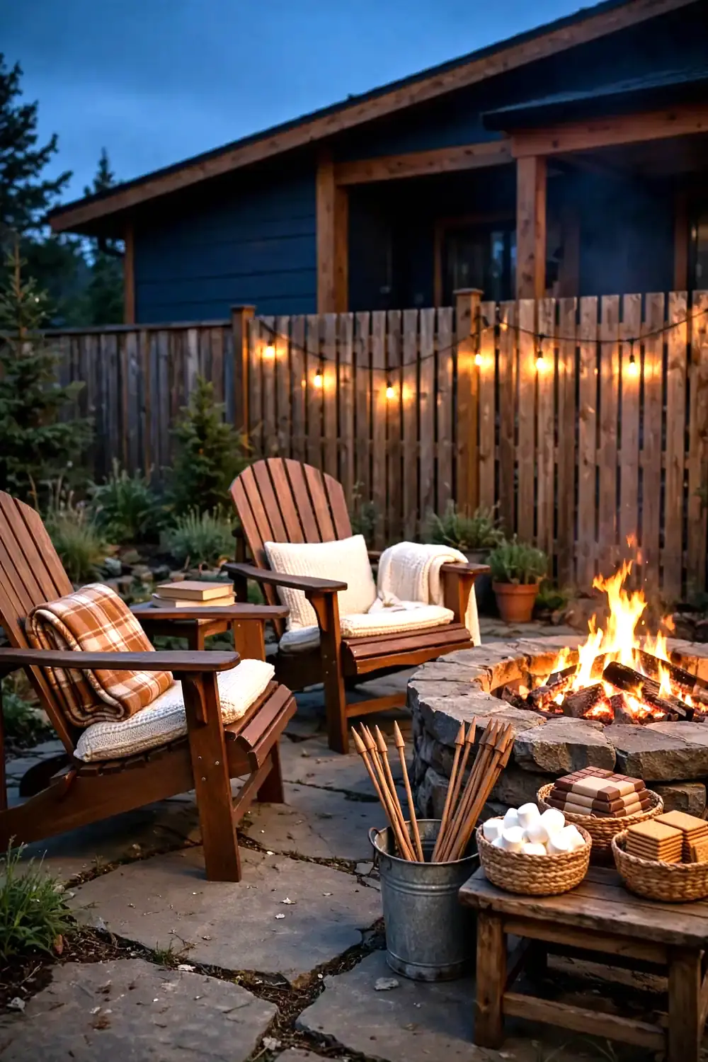 Evening scene at a backyard fire pit with a s'mores bar on a side table: marshmallows, chocolate bars, graham crackers, and bundled roasting sticks.