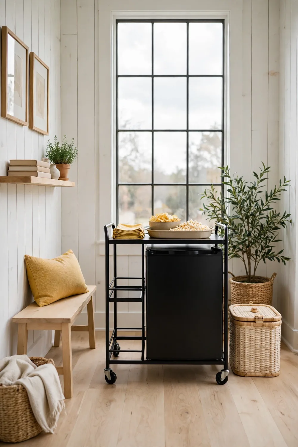 Rolling snack cart with a tray of chips and popcorn beside a dorm-size mini fridge in a bright farmhouse bonus room