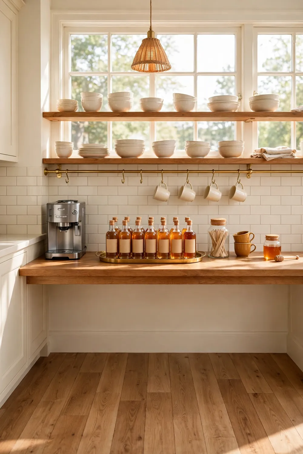 Spiced syrup bottle display on a fall coffee bar in a cream cafe-style kitchen with labeled glass bottles, subway tile, brass rail, and caramel tones.