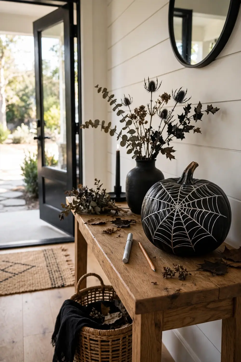 Silver spiderweb design painted on a black pumpkin in an entryway
