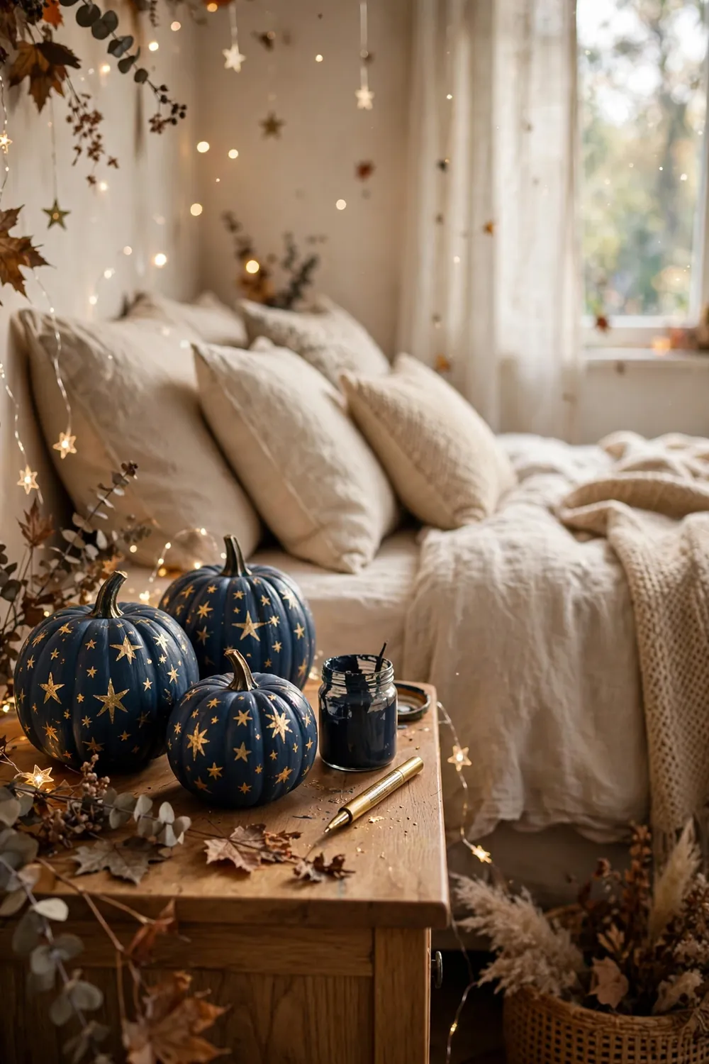 Gold stars painted on navy pumpkins arranged in a bedroom