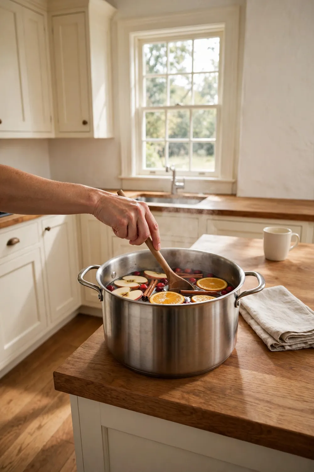 Hand stirring a steaming simmer pot of fruit and spices with a wooden spoon on the stove