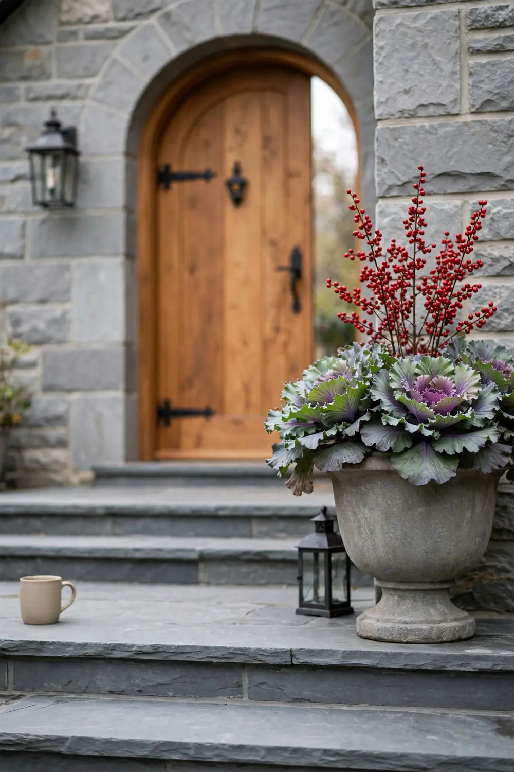 Stone urn filled with ruffled ornamental cabbage and red berry sprays on slate steps of a stone cottage entry.