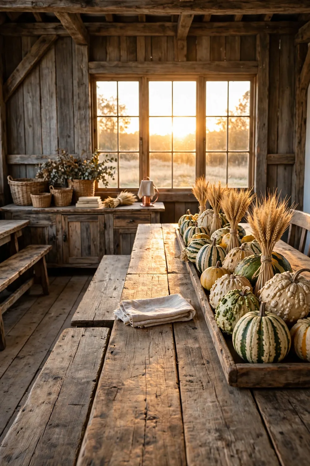 Striped and warty gourds with tied bundles of dried wheat on a long wooden tray in a barn dining room at golden hour
