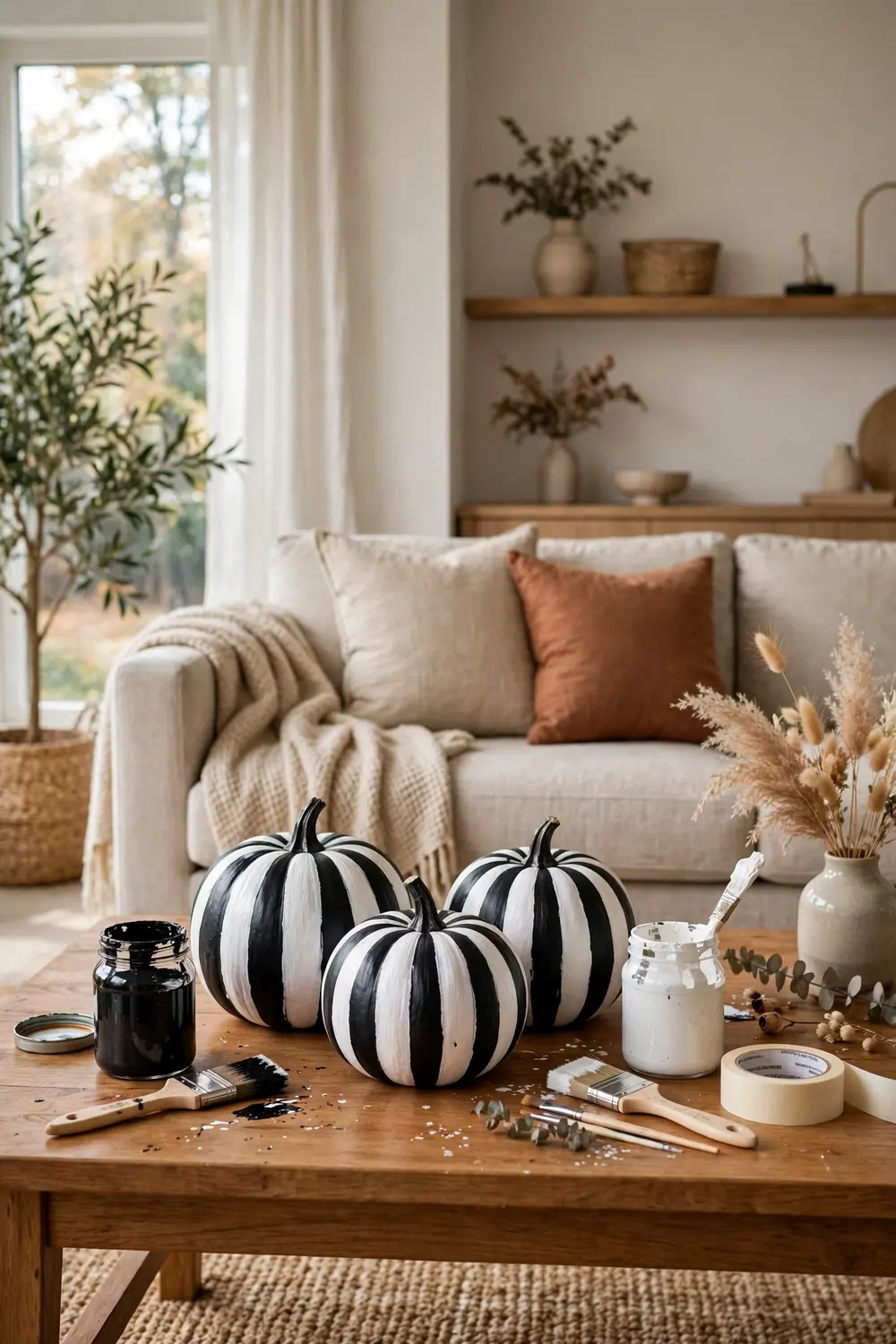 Black and white striped pumpkins styled on a living room table
