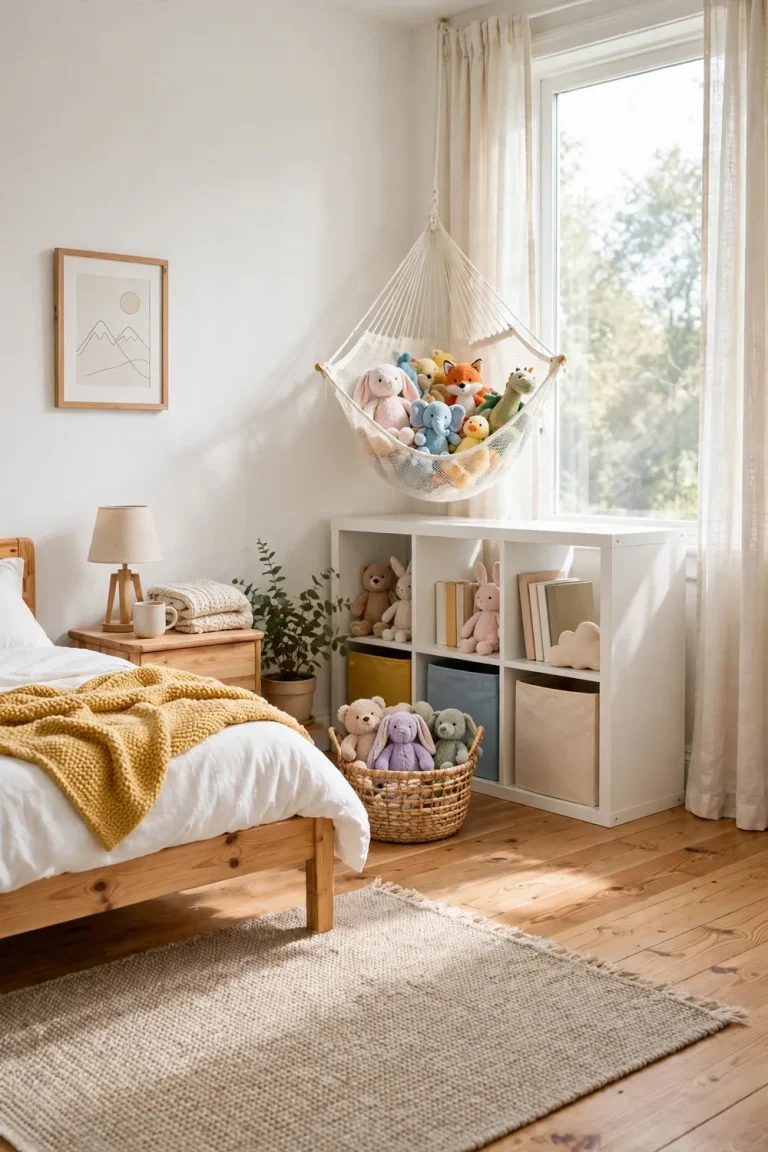 Bright kids bedroom with white walls showing a corner hammock of plush toys, cube shelves with bins, and a basket of stuffed animals