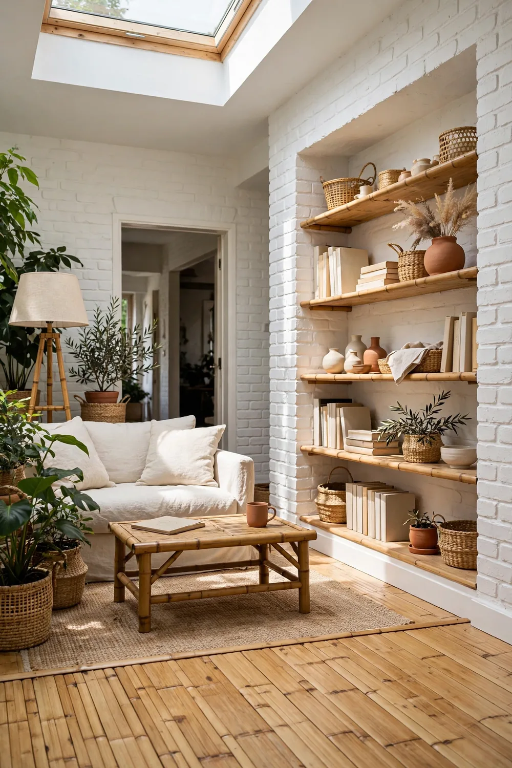 Artsy living room with open shelves styled with ceramics, framed photos, small baskets, and books in loose groups