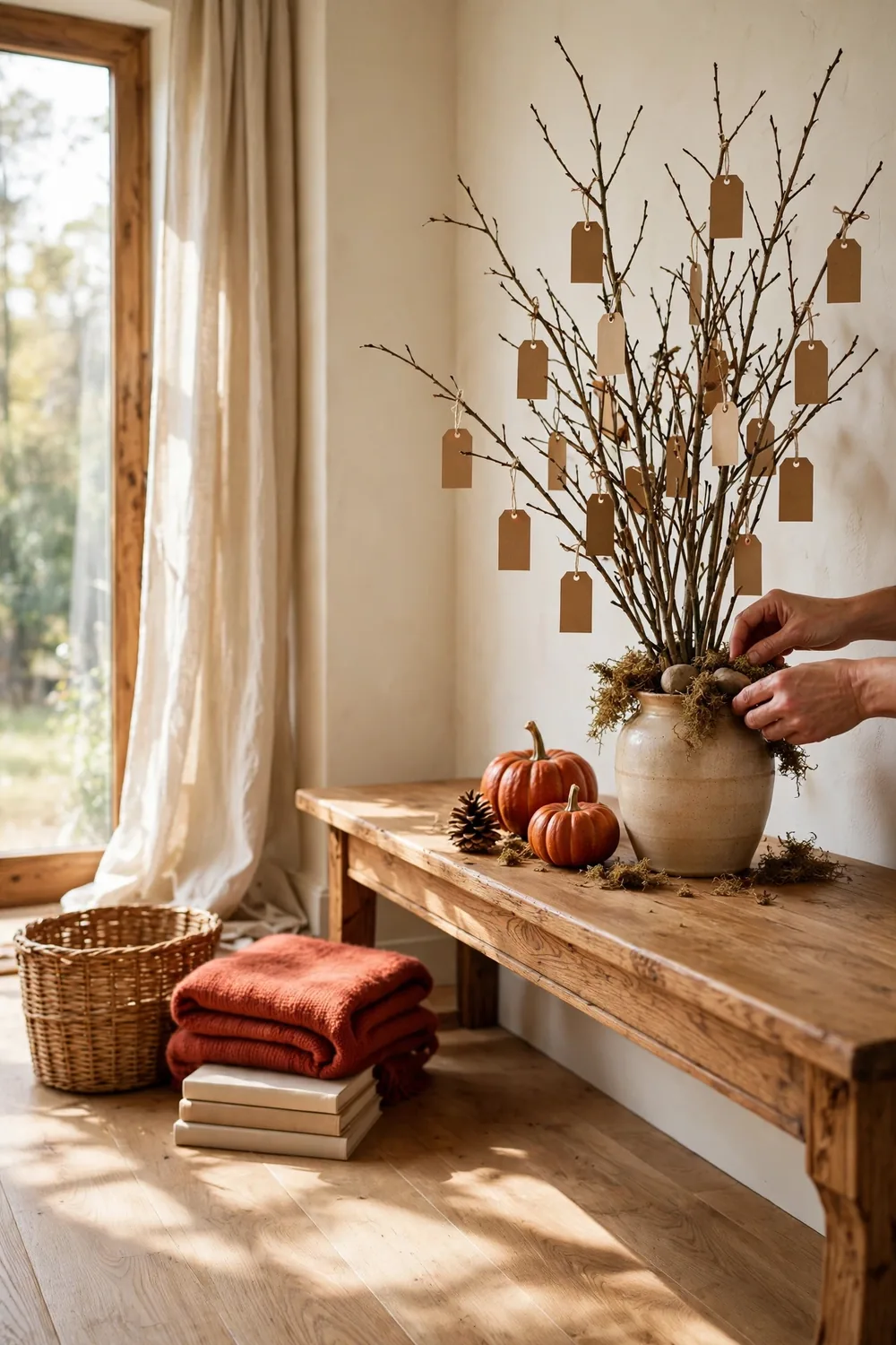 Dried moss and mini pumpkins arranged around the base of a thankful tree vase on a console table