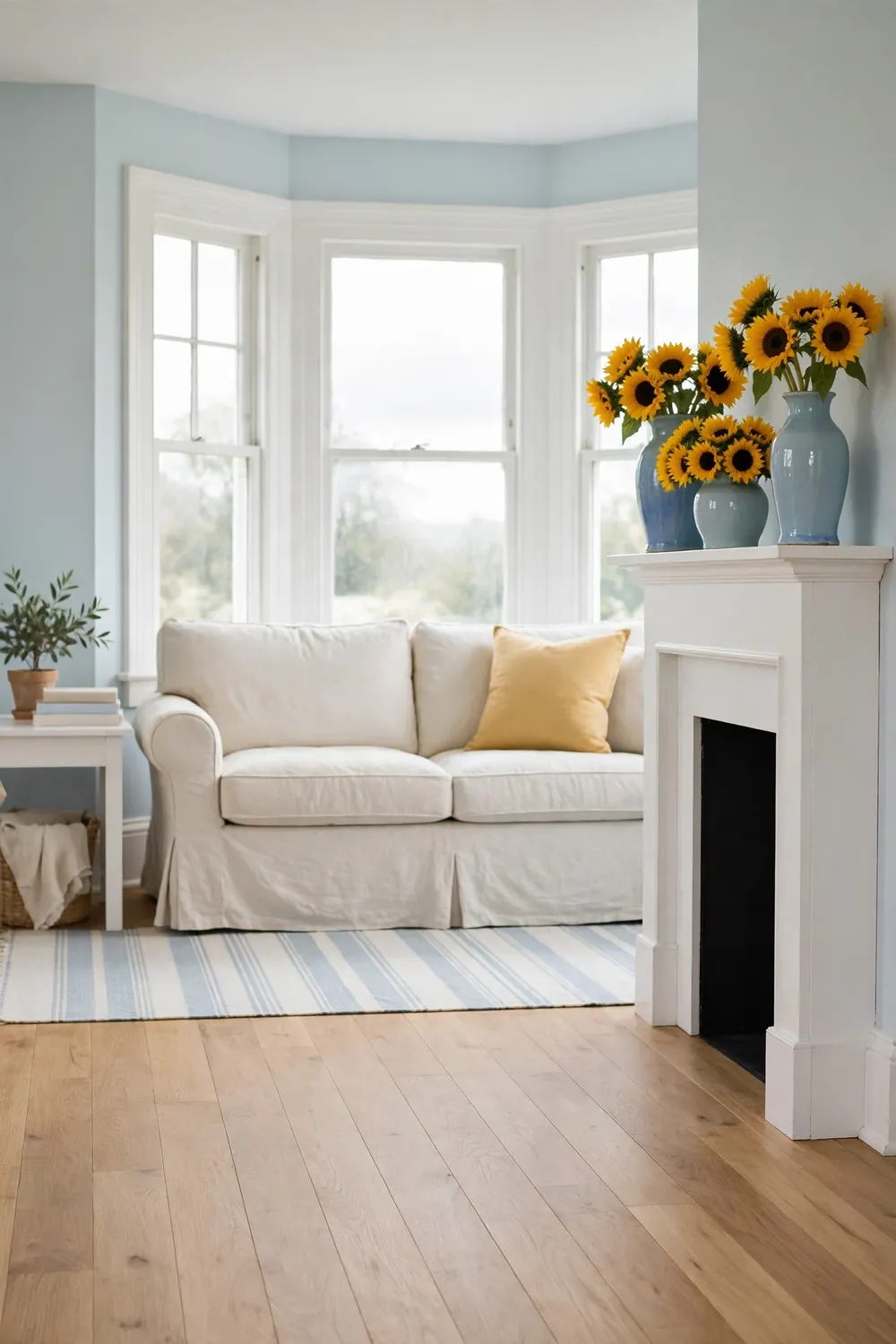 Two vases of fresh sunflowers in blue ceramic vases, one tall and one short, on a white farmhouse mantel in a bright living room