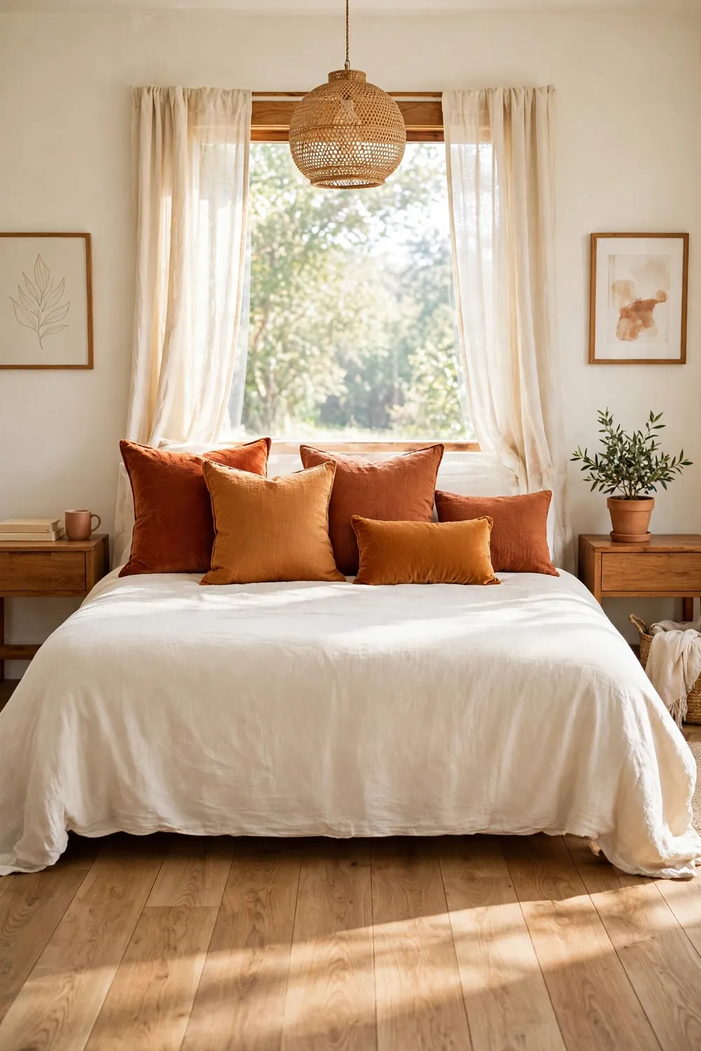 Bed with five pillows in rust, amber, and clay tones in mixed velvet and linen textures