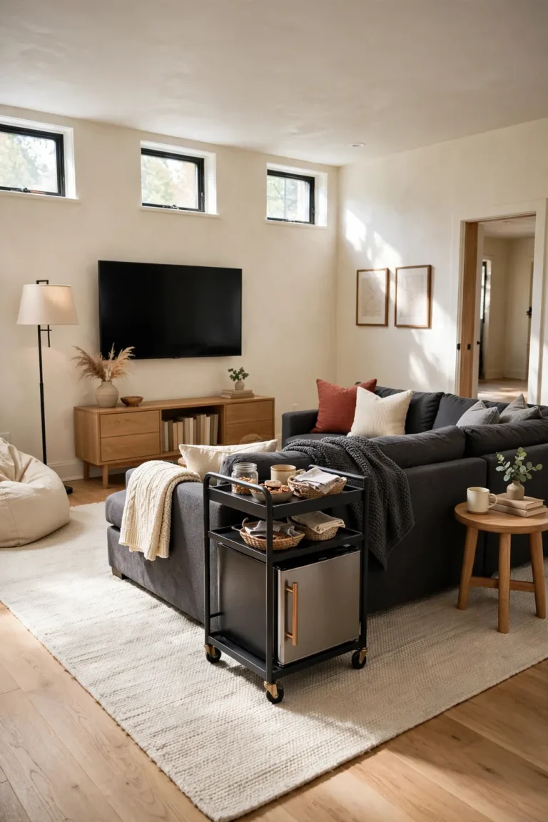 Wide view of a finished basement teen lounge with a deep charcoal sectional, a TV wall, and a snack cart in bright daylight