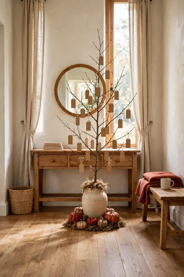A finished thankful tree with kraft paper tags hanging from bare branches in a vase, styled in a warm farmhouse entryway